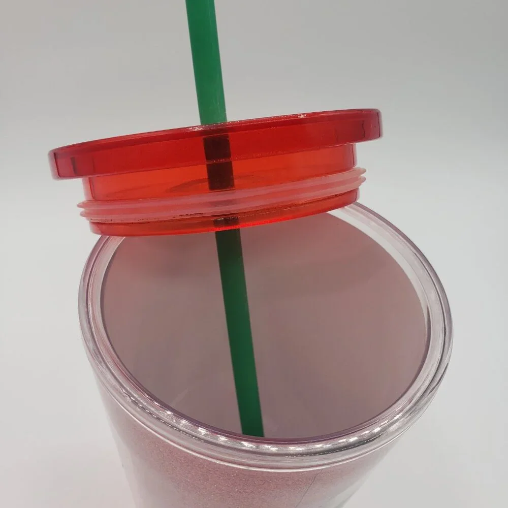 Starbucks Holiday Red Glitter 16 oz. Cold Cup Travel Tumbler With Straw EUC